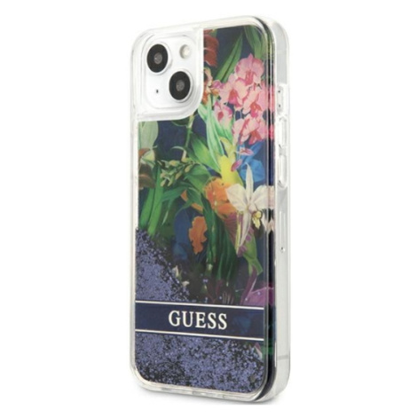 Plastové puzdro Guess na Apple iPhone 13 Pro GUHCP13LLFLSB Flower Liquid Glitter modré