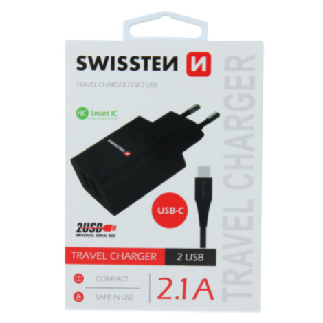Sieťová nabíjačka Swissten Smart IC 2 x USB + USB-C kábel 2.1A 10,5W čierna