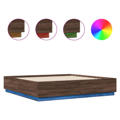 vidaXL Posteľný rám s LED svetlami hnedý dub 200x200 cm kompoz. drevo