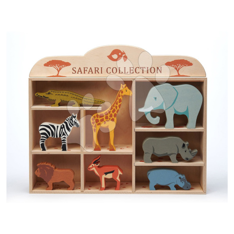 Drevené divoké zvieratká na poličke 8 ks Safari set Tender Leaf Toys krokodíl, slon, zebra, anti