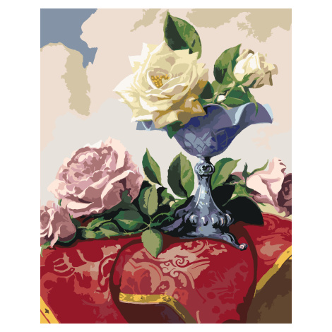 Maľovanie podľa čísel - ZÁTIŠIE BIELE A RUŽOVÉ RUŽE NA ČERVENOM OBRUSE (PIETER WAGEMANS) Rámovan