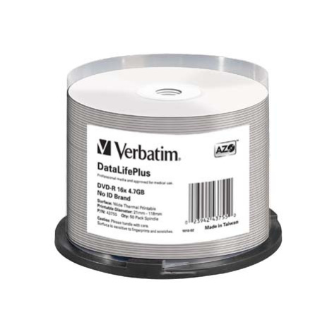 Verbatim DVD-R, DataLifePlus Wide Thermal Printable - No ID Brand, 43755, 4.7GB, 16x, spindle, 5