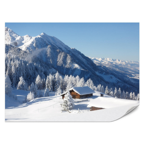 Muralo FOTOTAPETA Pre Obývaciu Izbu Drevená Chata Hory Stromy Zima 300 x 210 cm