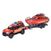 Autíčko hasičské s prívesom a loďou Land Rover Fire Rescue Majorette kovové so zvukom a svetlom 