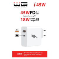 Sieťová nabíjačka WG 2xUSB, USB-C PD 45W + USB QC3,0 18W, biela