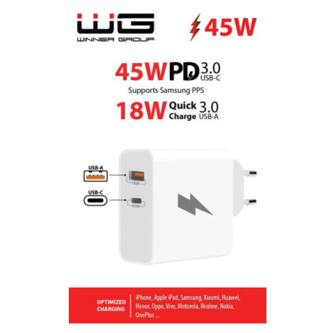 Sieťová nabíjačka WG 2xUSB, USB-C PD 45W + USB QC3,0 18W, biela Winner Group