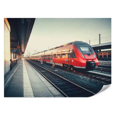 Muralo FOTOTAPETA Pre Obývaciu Izbu Moderný Červený Vlak Stanica Koľajnice 250 x 175 cm