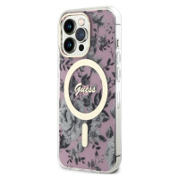 Plastové puzdro Guess na Apple iPhone 14 Pro GUHMP14LHCFWSP Flowers IML MagSafe ružové