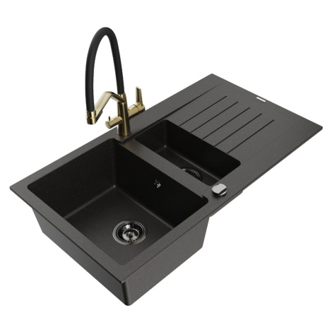 MEXEN/S MEXEN/S - Matias granitový drez 1.5 s odkvapkávačom vrátane batérie Duo, čierna/zlatá me