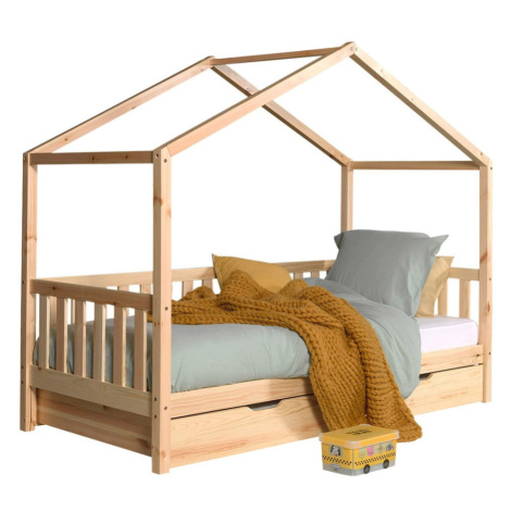 Domčeková detská posteľ z borovicového dreva s výsuvným lôžkom a úložným priestorom v prírodnej  Vipack