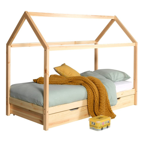 Domčeková detská posteľ z borovicového dreva s výsuvným lôžkom a úložným priestorom v prírodnej  Vipack