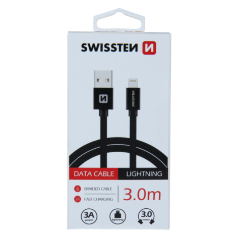 Dátový kábel opletený Swissten USB/Lightning (8 pin) 3.0A, 3.0m čierny