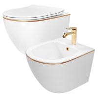 Rea Carlo Mini Gold Edge, závesná WC misa 490x370 mm + bidet 495x370 mm, biela so zlatým okrajom