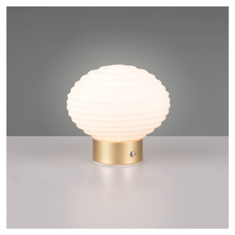 Nabíjacia stolová lampa Earl LED, mosadz/opál, výška 14,5 cm, sklo