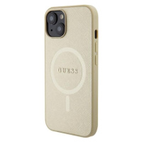 Plastové puzdro Guess na Apple iPhone 15 GUHMP15SSPSAHMCB Saffiano MagSafe béžové