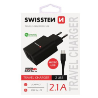 Sieťový adaptér Swissten Smart IC 2x USB 2,1 + dátový kábel USB/micro USB 1,2 m čierny