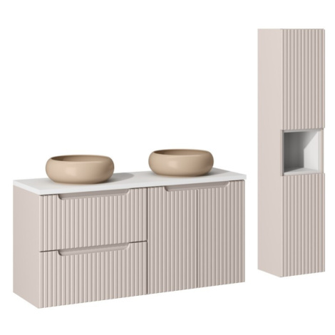 Kúpeľňová zostava Nova Cashmere s doskou, umývadlami a skrinkami 120 cm kašmírová/biela Comad