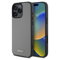 DKNY Metal Logo Kožený Kryt s Magsafe pre iPhone 16 Pro, Sivý