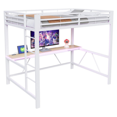 STILVORA VYSOKÁ POSTEĽ 140/200 cm biela so stolom, LED a USB, kovová s MDF policami
