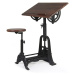 Estila Industriálny dizajnový rysovací stôl s taburetkou HIERRO z masívneho mangového dreva s ko