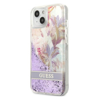 Plastové puzdro Guess na Apple iPhone 13 Mini GUHCP13SLFLSU Flower Liquid Glitter fialové
