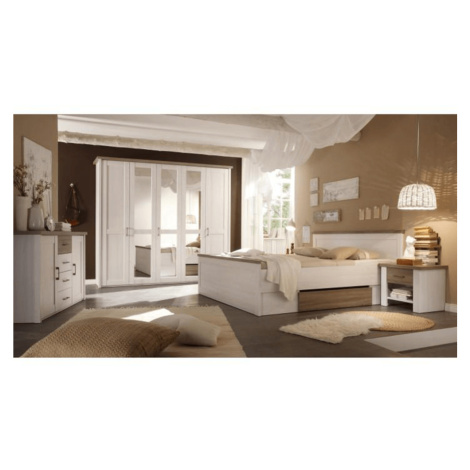 Spálňový komplet (posteľ, 2 nočné stolíky, skriňa), pínia biela/dub sonoma truflový, LUMERA Tempo Kondela