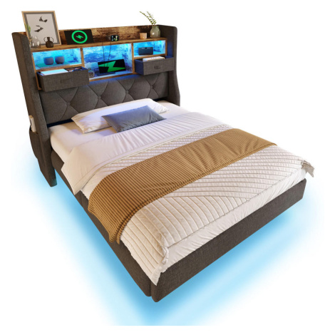 STILVORA ČALÚNENÁ POSTEĽ 90/200 cm sivá s LED, USB a regálom v čele, látka, retro dizajn