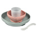 Jedálenská súprava Beaba Silicone meal set zo silikónu 4 dielna ružovo-béžovo-šedá pre bábätká