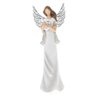Polyresinový anjel so srdcom a kovovými krídlami  biela, 19 x 7 cm