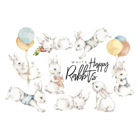 Sada 8 nástenných samolepiek Dekornik White Happy Rabbits