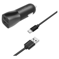 FIXED autonabíjačka s 2x USB-A a káblom USB-C 15 W čierna