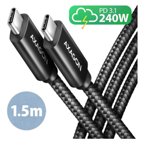 AXAGON BUCM2-CM15AB, CHARGE kábel USB-C  USB-C, 1.5m, Hi-Speed USB, PD 240W 5A, ALU, oplet, čier