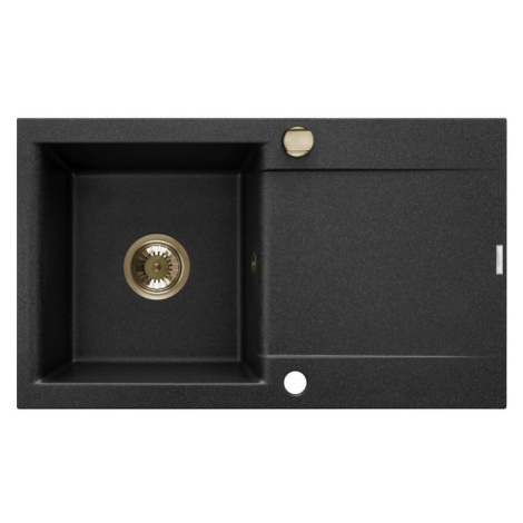 INVENA INVENA - Granitový drez TESALIA dlhý odkvap, čierny s automatickým sifónom, zlatý AZ-01-Z