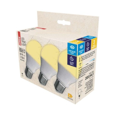 EMOS LED žiarovka True Light 7,2 W E27 teplá biela, 3 ks