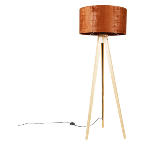Stojacia lampa drevená s látkovým tienidlom oranžová 50 cm - Statív Classic QAZQA
