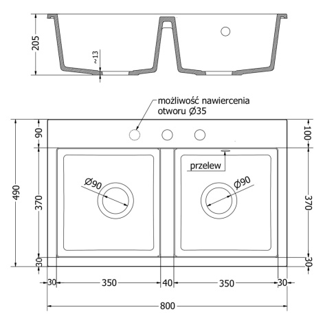 Mexen Hektor, 2-komorový granitový drez 800x480x205 mm, čierna-strieborná metalíza, chrómový sif