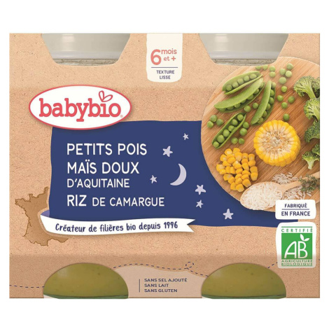 BABYBIO večerné menu hrášok so sladkou kukuricou a ryžou 2x200 g