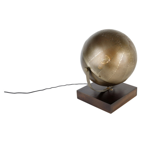 Priemyselná stolová lampa bronzová s drevom - Haicha QAZQA