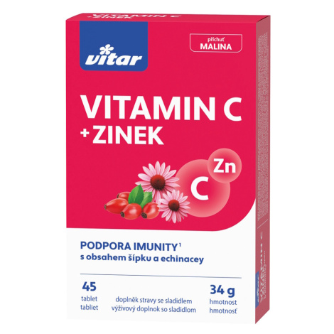 VITAR Vitamín C + zinok + echinacea + šípky s príchuťou maliny 30+15 tabliet Vitar Veteriane