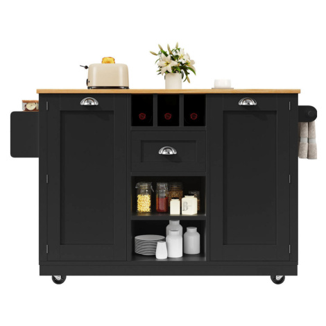 Modfu KUCHYNSKÝ vozík z MDF 140x40x93,5 cm čierny so sklápacou doskou, stojanom na víno a kolies