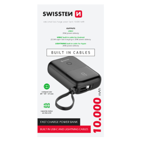 SWISSTEN PowerBank, 10000mAh 22,5W, integrované káble USB-C, Lightning, čierna