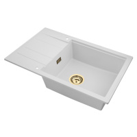 Sink Quality Ferrum New 8010, 1-komorový granitový drez 800x500x210 mm + zlatý sifón, biela, SKQ