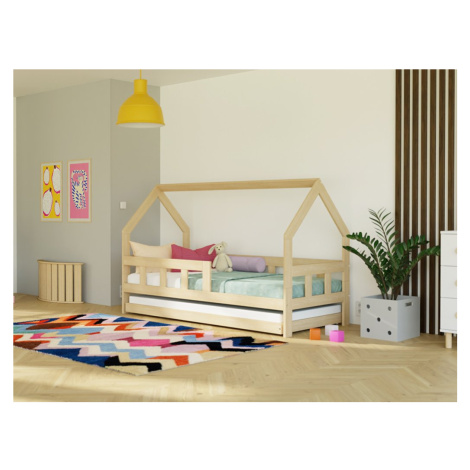 Benlemi Detská posteľ domček FENCE 2v1 z dreva so zábranou a prístelkou Zvoľte farbu: Nelakovaná