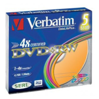 Verbatim DVD+RW, Colour, 43297, 4.7GB, 4x, slim box, 5-pack, bez možnosti potisku, 12cm, pro arc