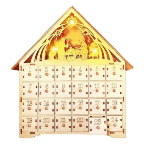 Drevený vianočný adventný kalendár s LED svetlami - Betlehem