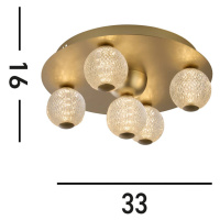 LED stropné svietidlo Asteroid, zlaté, Ø 33 cm oceľ/akryl 5-svetelná verzia