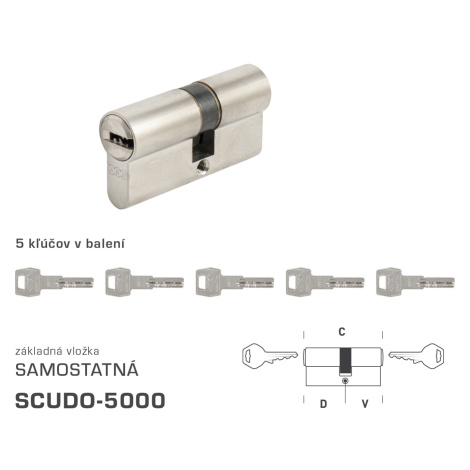 AGB - Vložka SCUDO 5000 S obojstranná cylindrická vložka 40+30 mm + 5x kľúč Nikel matný