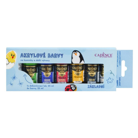 Akrylové farby na kamienky Cadence, súprava 6 ks a akrylový lak, 25 ml - základné