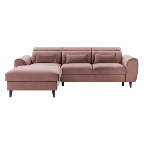 Ružová zamatová rozkladacia/s úložným priestorom rohová pohovka (ľavý roh/s leňoškou) Foble – EL ELTAP