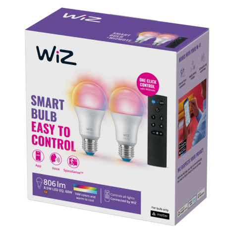 WiZ A60 LED matná WiFi E27 8,5W RGBW Diaľkové ovládanie sada 2 ks